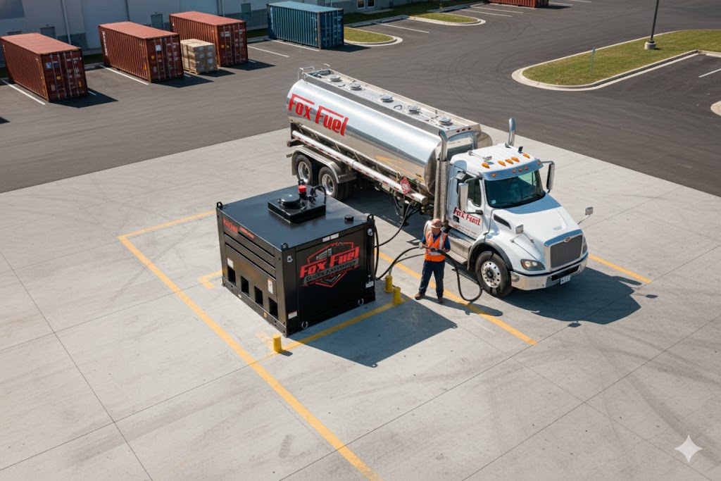 Fox Fuel commercial fuel delivery service showing aerial view of FuelCube on-site tank and delivery truck at industrial facility