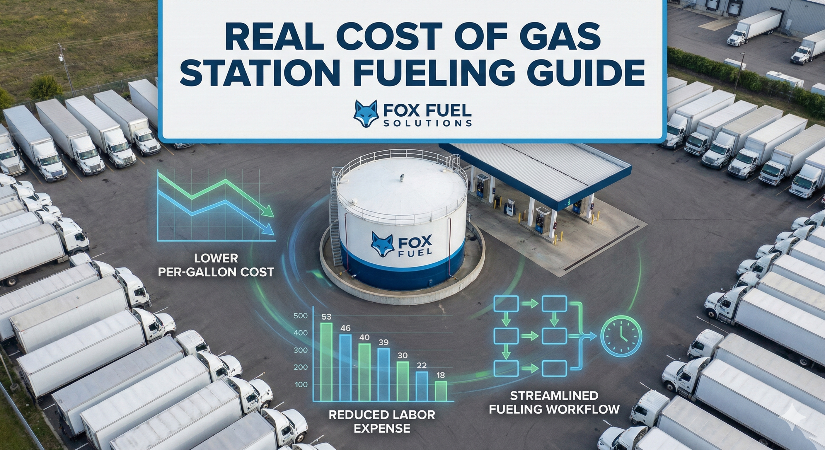 Commercial fleet vehicles at a gas station versus on-site fueling delivery - illustrating the hidden costs of retail fueling for fleet operations
