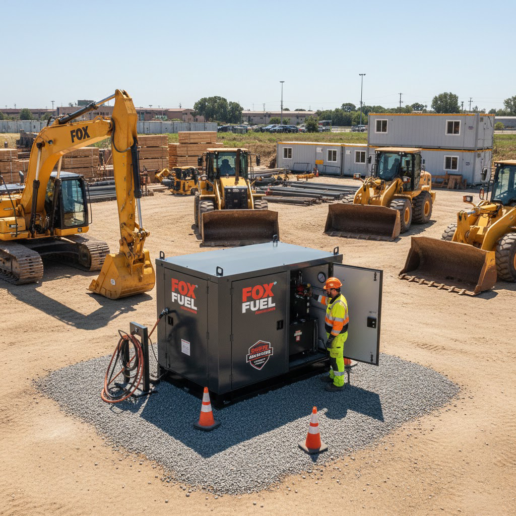 Bulk fuel delivery truck loading a commercial tank