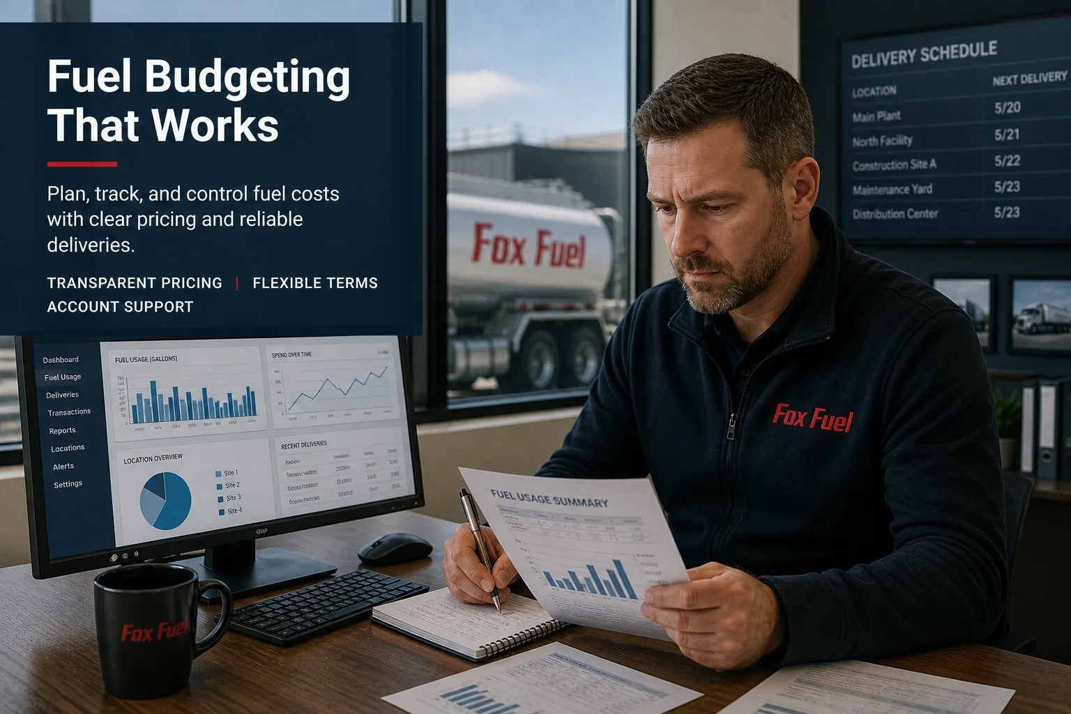 Commercial fuel budgeting and usage review for Fox Fuel customer account