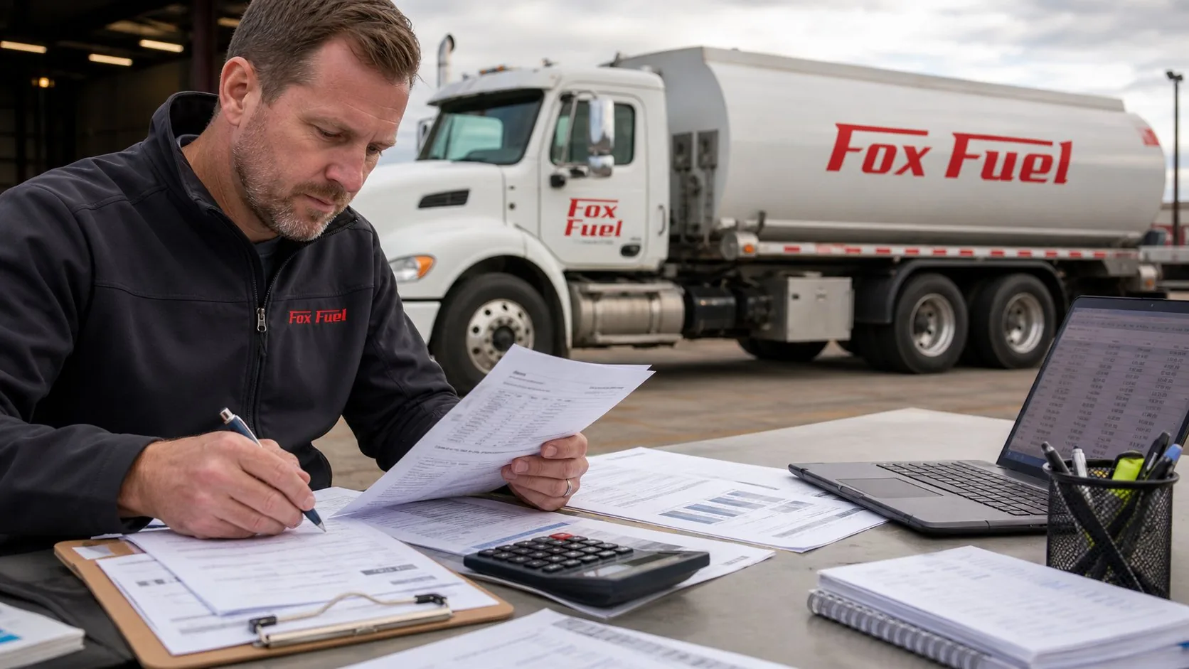 Fox Fuel commercial fuel paperwork review with tanker truck in industrial yard