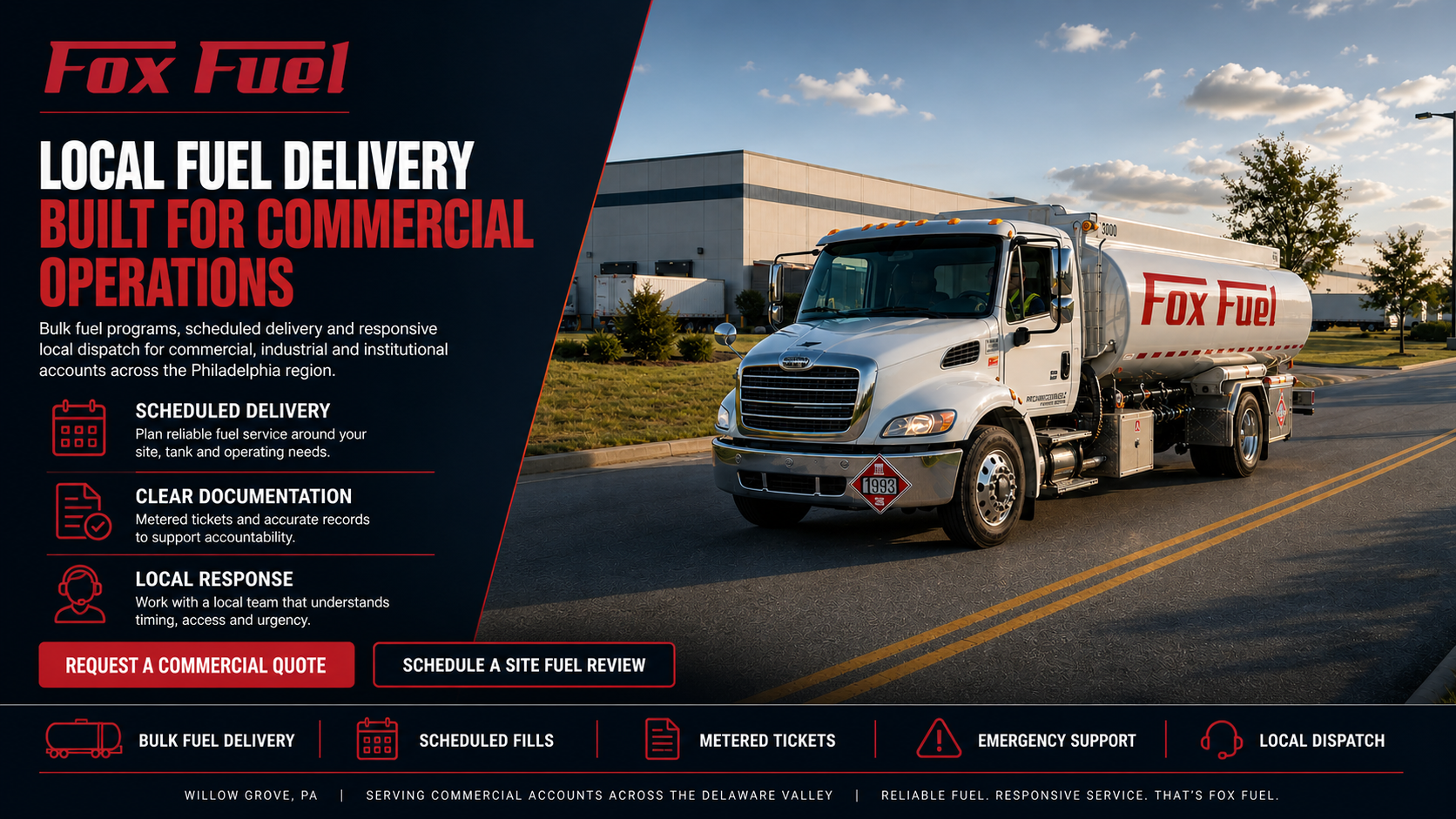Commercial fuel delivery truck on industrial road