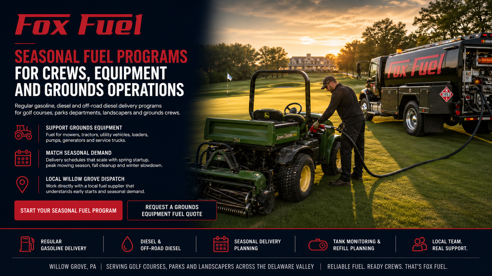 Golf course grounds crew fueling maintenance equipment at sunrise