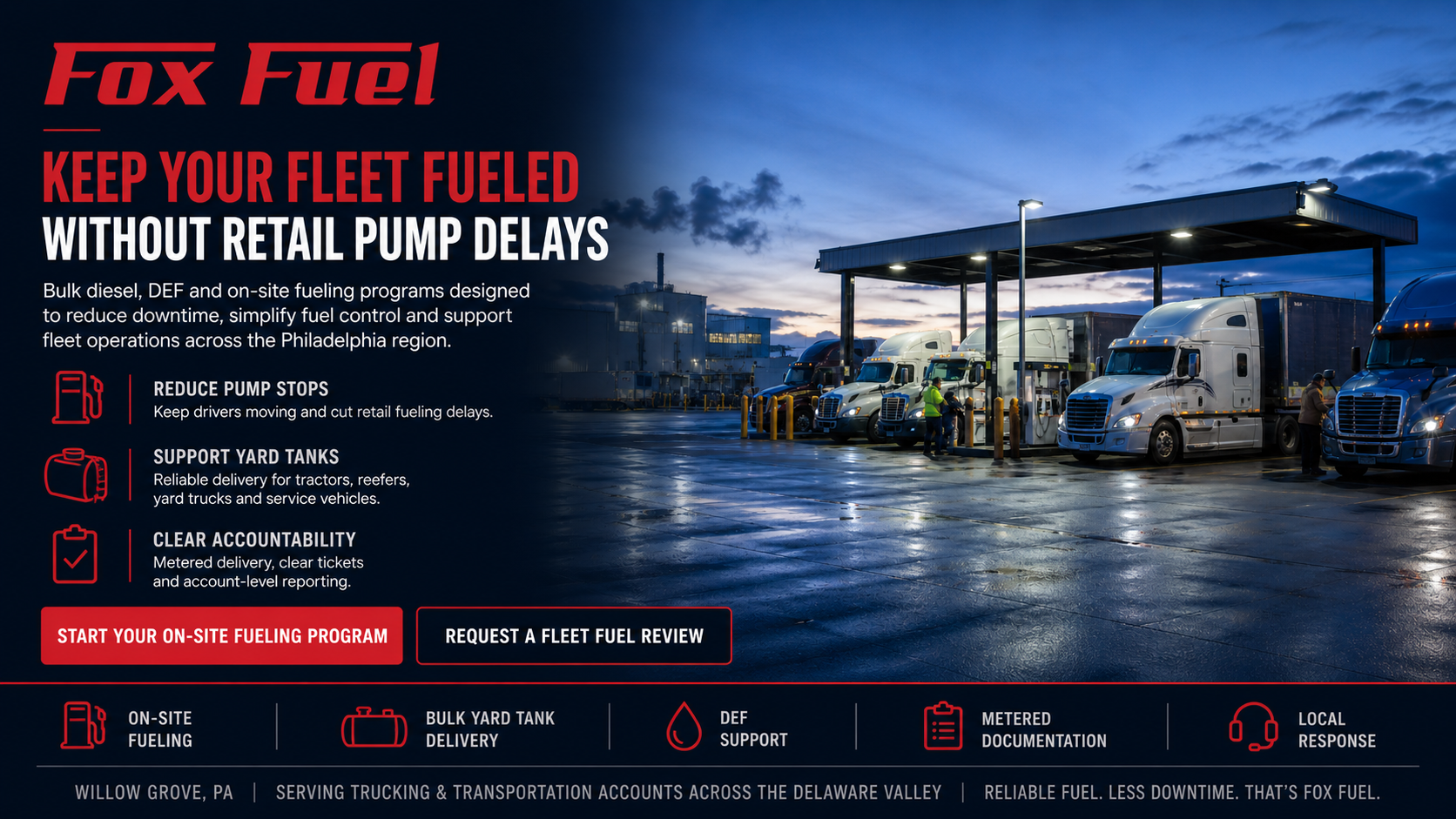 Commercial trucking depot with semi-trucks lined up for bulk diesel delivery